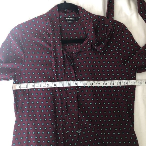 DKNY Burgundy Red Green Dots Print Silk Button Down Shirt - Picture 5 of 7